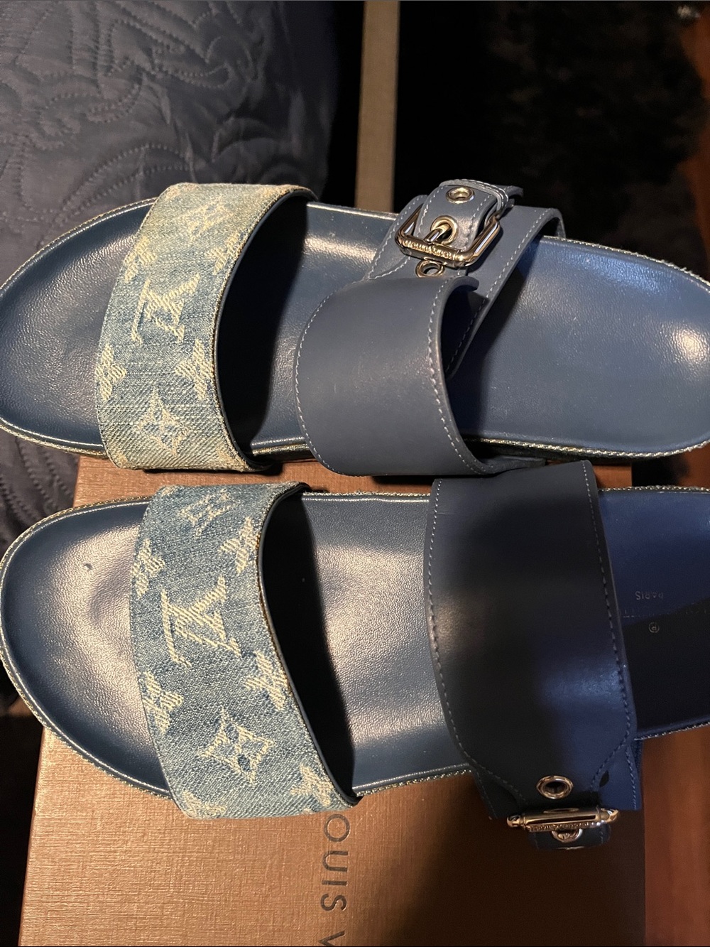 Louis Vuitton WOMEN Denim & Navy Leather Slide Sandals come with LV box